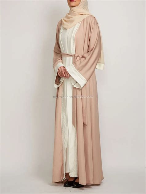 Nude Pink Front Open Abaya With Belt Kimono Maxi Abaya For Muslin