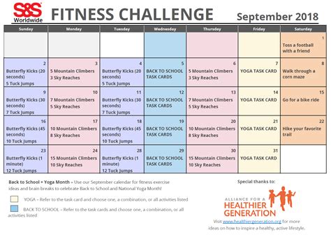 September Fitness Challenge Calendar Sands Blog