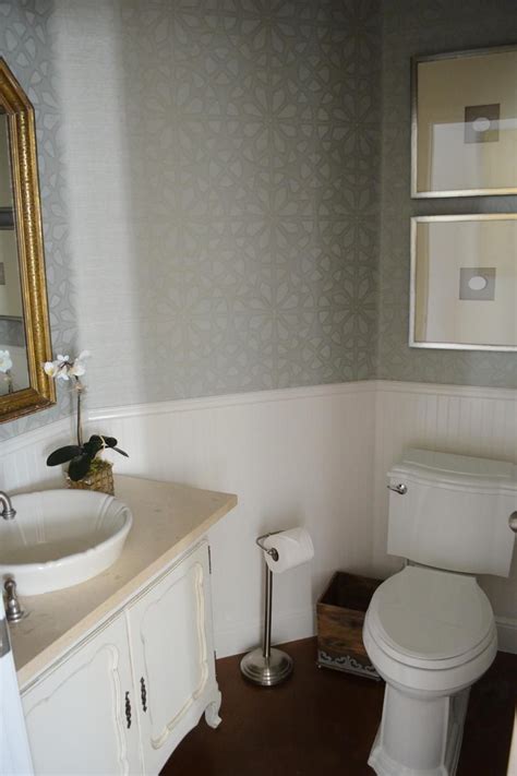 Powder Bathroom With Soft Blue Grasscloth Wallcovering Beadboard