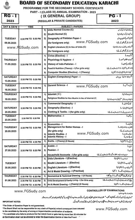 Karachi Board 9th Class Date Sheet 2023 Fg Study