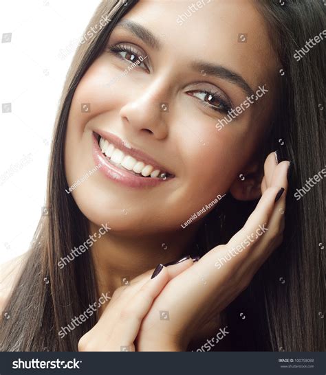 Beautiful Woman Face Closeup Portrait Of Attractive Caucasian Smiling
