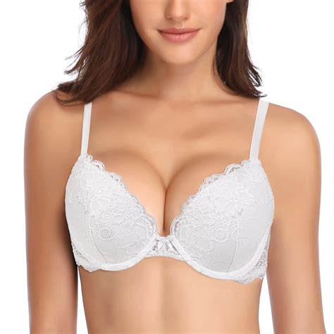 Deyllo Women S Sexy Lace Push Up Padded Plunge Add Cups Underwire Lift Up Bra White Ddd