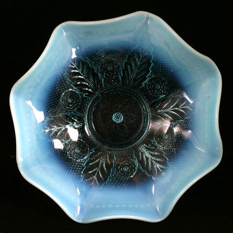 Northwood Netted Roses Blue Opalescent Antique Glass Bowl 1906 Leaved