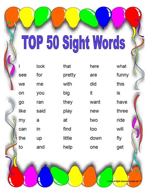 Sight Words Chart Top 50 Sight Words And Learn Along Video Sight