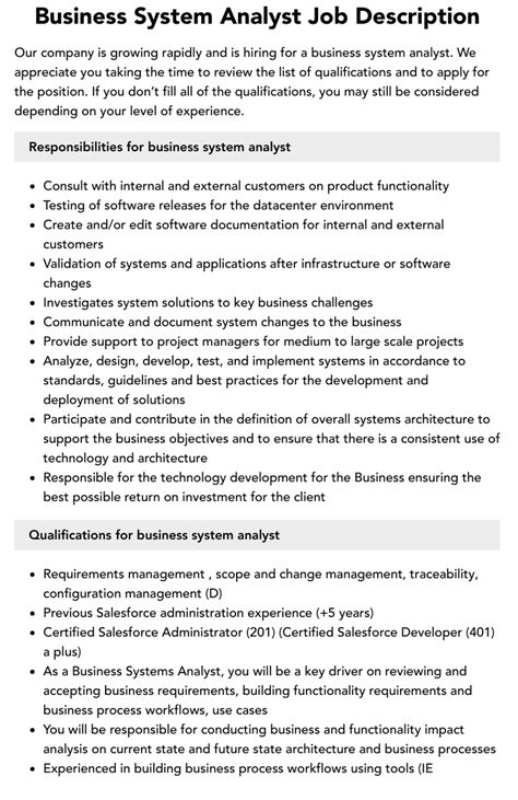 Business System Analyst Job Description Velvet Jobs