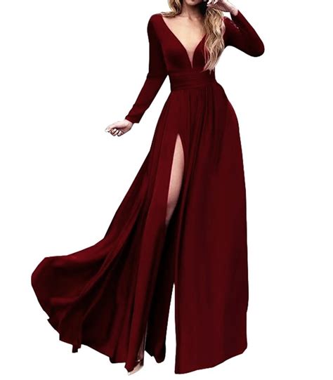 Lubridal Womens Double V Neck Long Sleeve Evening Dresses Sexy Side Slit Formal Prom Gown Long
