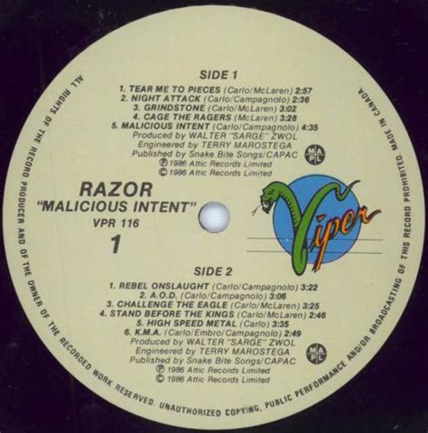Razor Malicious Intent Canadian Vinyl Lp Album Lp Record 799167