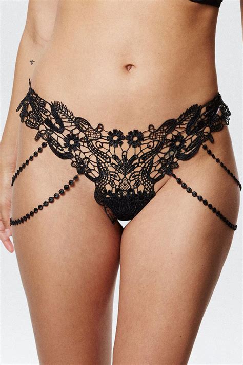 Us Dropship Black Beaded Chains Embroidered Lace Thong