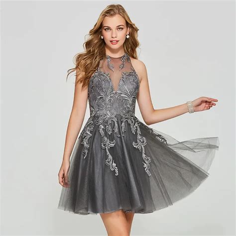 Tanpell Short Homecoming Dress Gray Lace Appliques Sleeveless Above