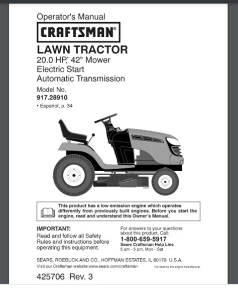 Sears Craftsman Lt2000 Hydro 20 Hp 42 Tractor Owners Manual 91728910