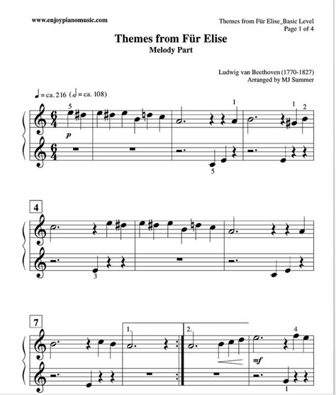 click  print fur elise piano sheet     skill levels  beginners  novice