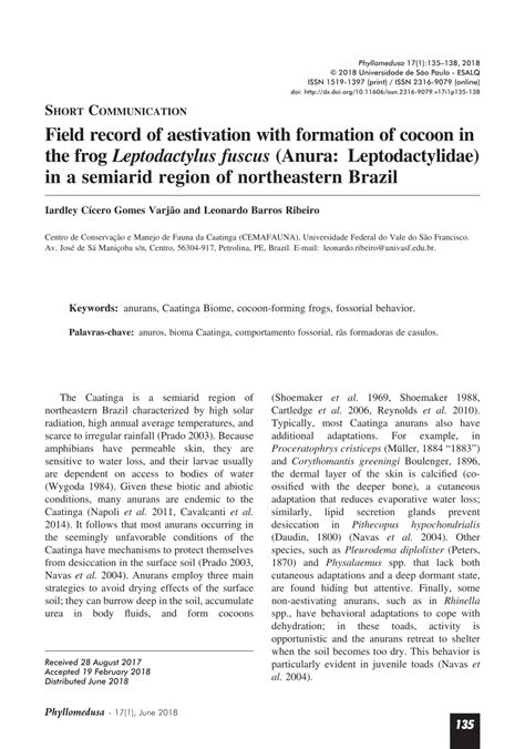 (PDF) Field record of aestivation with formation of cocoon in the frog