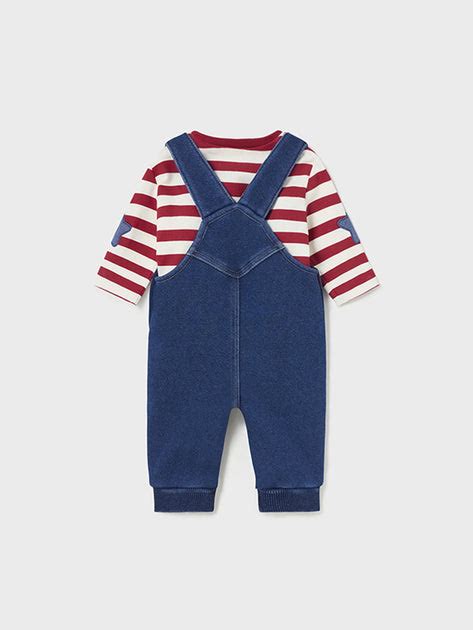 Mayoral Baby Boy Red Stripe Top And Blue Dungarees Outfit Set