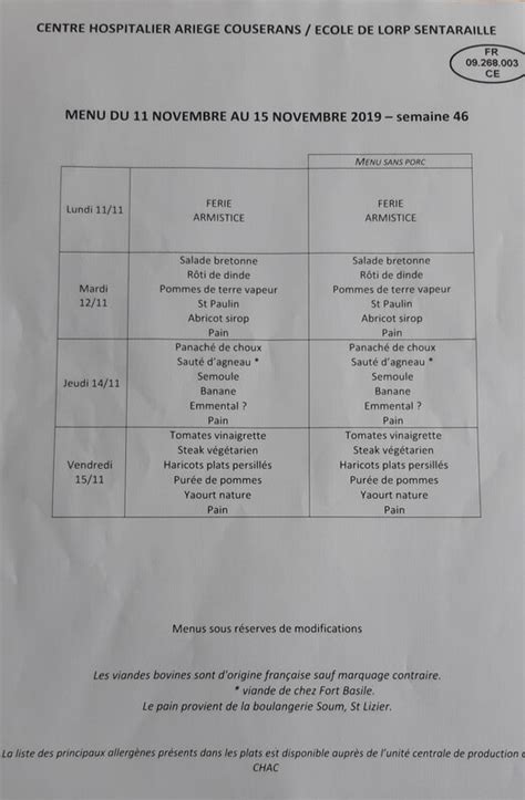 Menu cantine semaines du 4 au 8 novembre et du 12 au 15 novembre