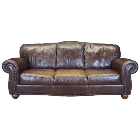 Italsofa Traditional Brown Leather Camelback 3 Seat Sofa Nailhead Trim
