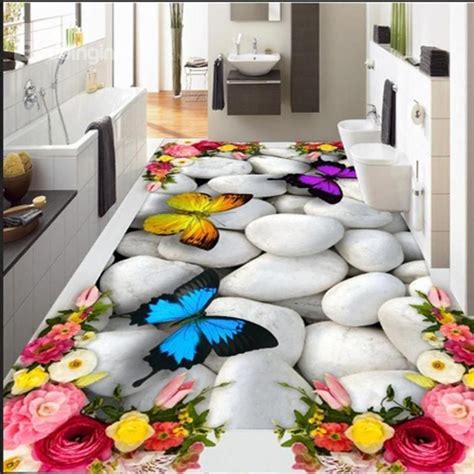White Cobblestone With Flowers And Butterflies Decoration Waterproof 3d