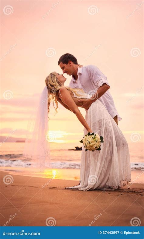 Bride And Groom On Beach At Sunset Stock Image Image Of Marriage