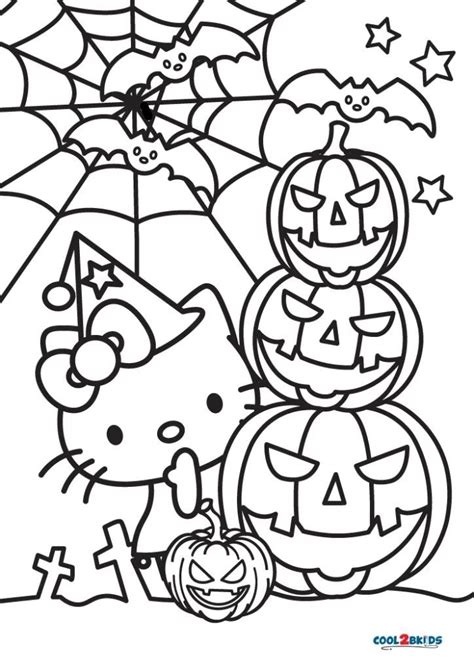 A Hello Kitty Halloween Coloring Page With Pumpkins And Jack O Lanterns