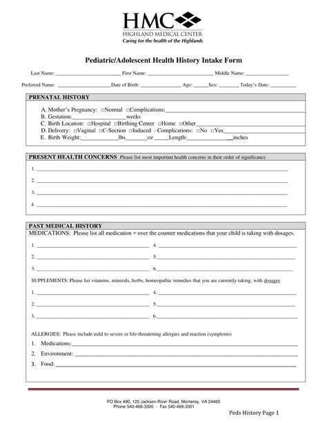 Pediatric Intake Form Template