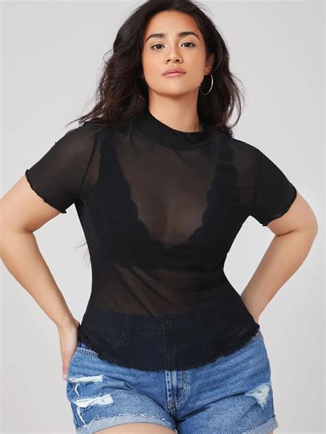 plus mesh sheer top without bra shein usa plus size women s tops without bra mock neck