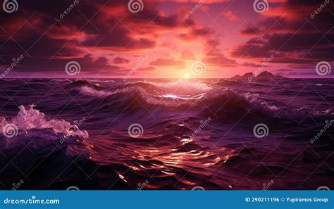 Sunset Over Water Waves Crash Sky Ablaze With Beauty Generated By Ai