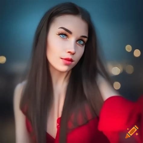 cute brunette girl with blue eyes and long hair realistic selfie style in red night dress on