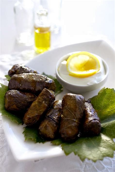 Stuffed grape leaves with meat and rice. Food Greek Recipes: Yaprakis con avas (Greek Dolmades)