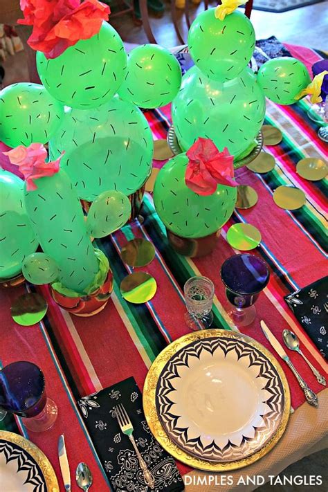 Mexican Dinner Tablescape With Balloon Cactus Centerpiece Cactus