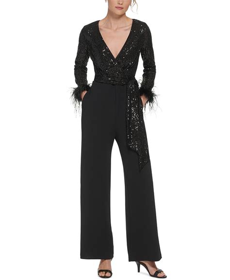 Eliza J Womens Sequined V Neck Long Sleeve Jumpsuit Macys