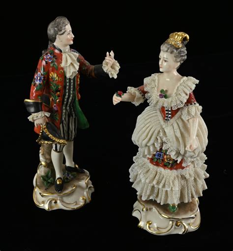 Lot Antique Dresden Porcelain Lace Pair Figurines