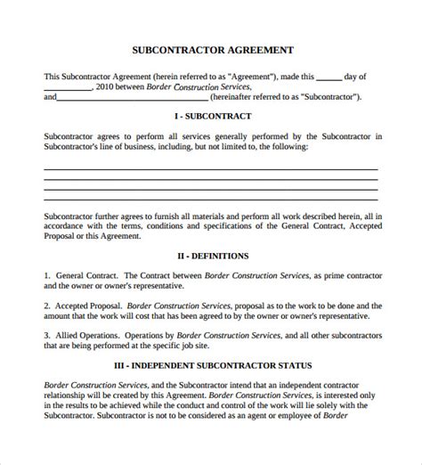 Free 15 Sample Subcontractor Agreement Templates In Pdf Ms Word Excel