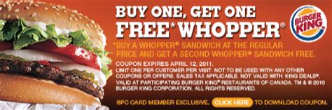 How to claim mybkexperience free whopper sandwich? Burger King Canada: Buy One Whopper Get One Free With SPC ...
