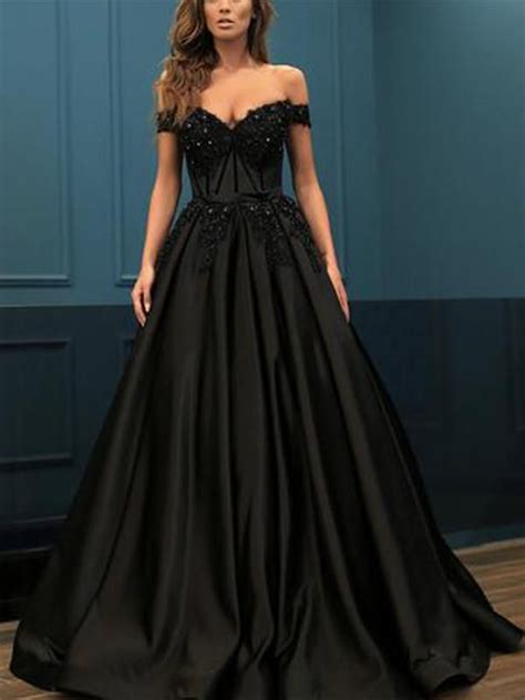 Off Shoulder Long A Line Black Satin Lace Beaded Prom Dresses Pd0977