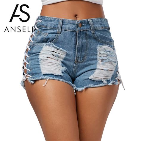 Anself Ripped Jeans Shorts Sexy Summer Women Holes Denim Shorts High Waist Lace Up Bandage