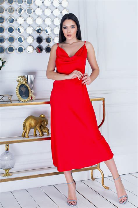 Red Silk Slip Midi Dress Cowl Neck Bridesmaid Dress Etsy