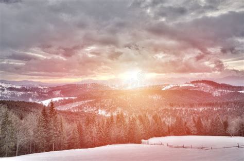 View Of Sunset In Snowy Mountains Ski Slope Stock Photo Image Of