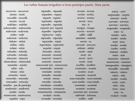 Cependant certains verbes (qui sont d'ailleurs assez nombreux), sont irreguliers en anglais : Les verbes et leurs participes passes - Verbs and their ...