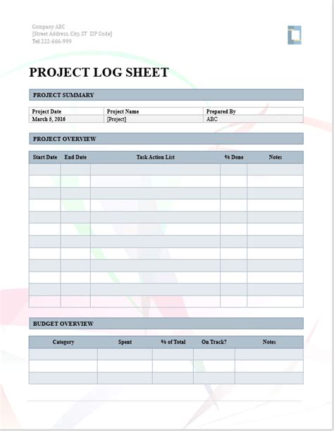 Project Log Template Free Word S Templates