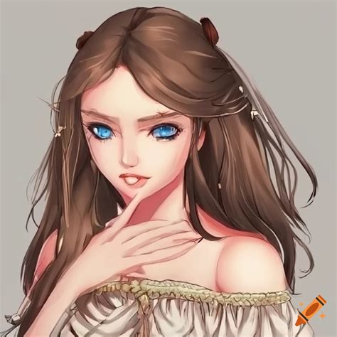 Artwork Of An Anime Woman With Wavy Brown Hair And Blue Eyes On Craiyon