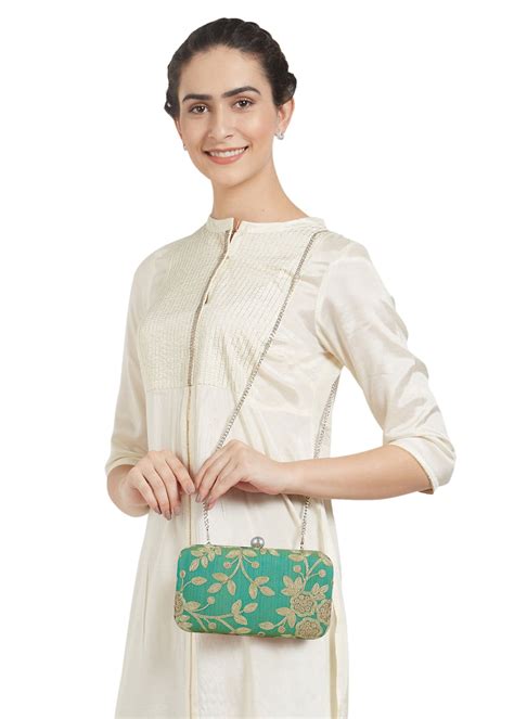 Get Contrast Floral Embroidered Green Box Clutch At ₹ 800 Lbb Shop