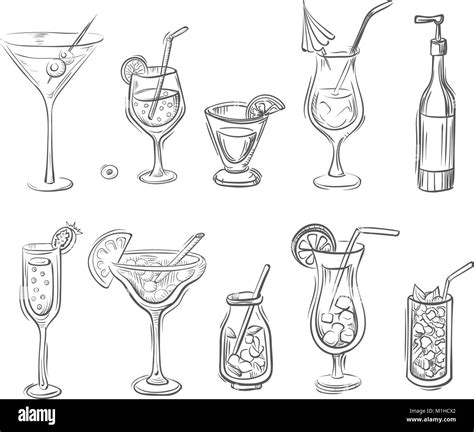 Vector Hand Drawn Set Of Cocktails And Alcoholic Drinks In Bottles And Glasses Doodle Style