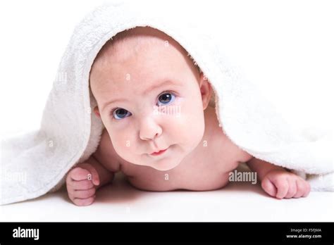 Three Month Baby Under White Towel Isolated On White Stock Photo Alamy
