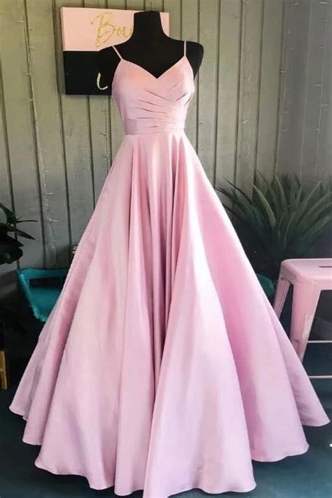 Pink Satin V Neckline Floor Length Straps Formal Dresses Pink Long