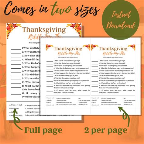 Thanksgiving Riddle Me This Thanksgiving Game Party Game Etsy
