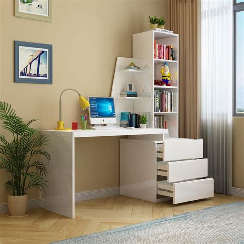 Shop Gloss White Computer Study Desk With Bookshelf W2309 Online In