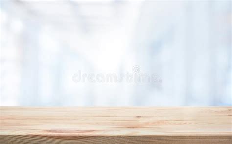 Wood Table Top On Blur White Glass Wall Background Form Office Stock