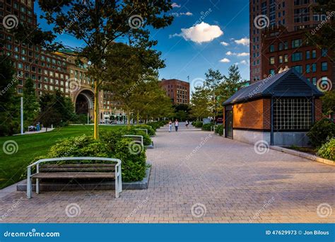 The Rose Fitzgerald Kennedy Greenway And Rowes Wharf In Boston Stock