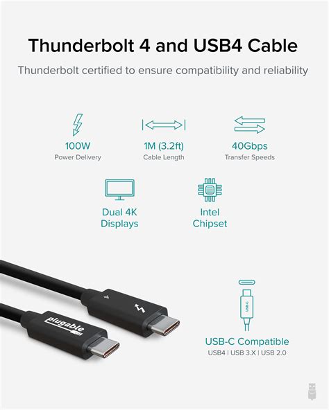Plugable 32ft1m 40gbps Thunderbolt 4 And Usb4 Cable Thunderbolt