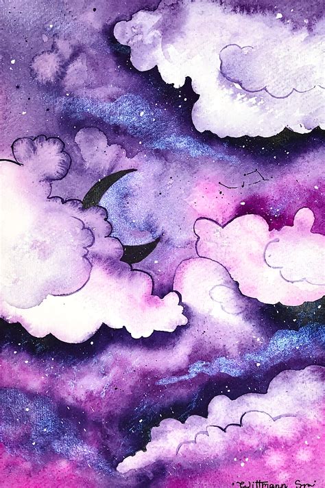 Night Sky Painting Skyscape Original Art Clouds Watercolor Sky Etsy