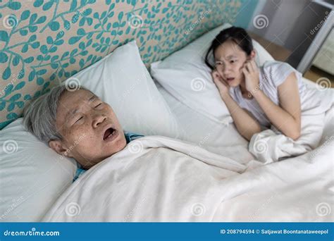 Asian Senior Woman Snoring Loudly Open Mouth Comfortably Sleeping